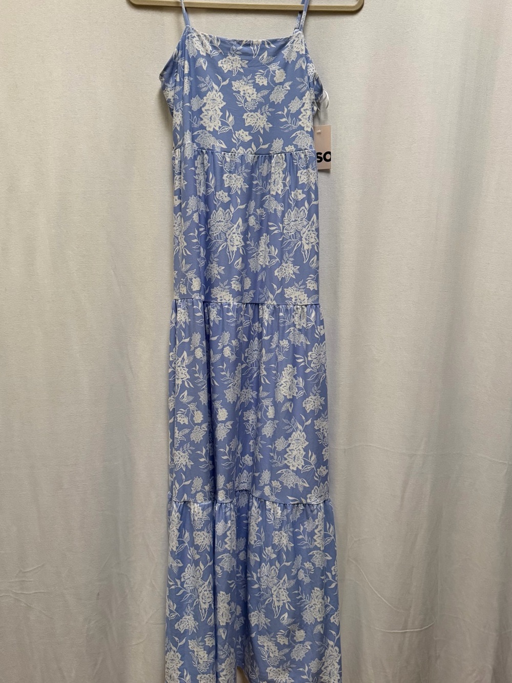 SO Light Blue Floral Tiered Spaghetti-Strap Dress for Women Jersey Knit